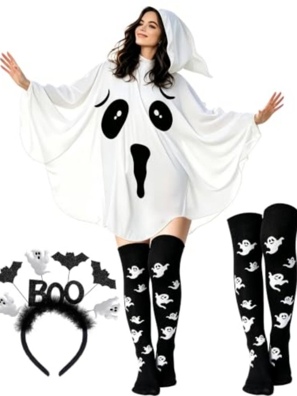 Halloween Ghost Costume Poncho Women Boo Headband | White Sheet With Face Print
